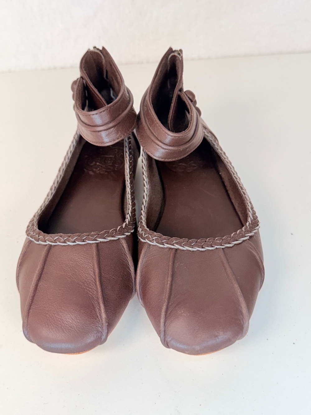 Women's Brown Ankle-Strap Leather Ballet Flats - Picture 3 of 15